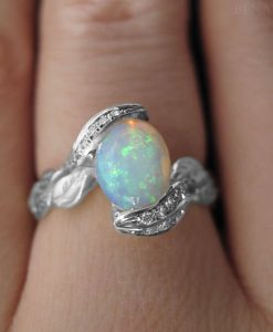 Opal Rose Gold Ring, Opal Leaves Engagement Ring