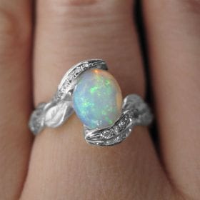 Opal Rose Gold Ring, Opal Leaves Engagement Ring