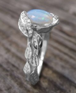 Opal Rose Gold Ring, Opal Leaves Engagement Ring