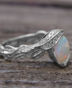 Opal Rose Gold Ring, Opal Leaves Engagement Ring