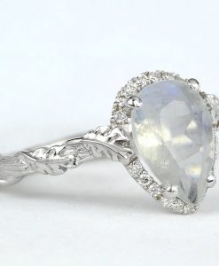Pear Moonstone Engagement Ring, Rainbow Moonstone Leaves Ring