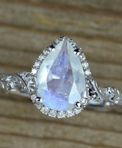 Pear Moonstone Engagement Ring, Rainbow Moonstone Leaves Ring