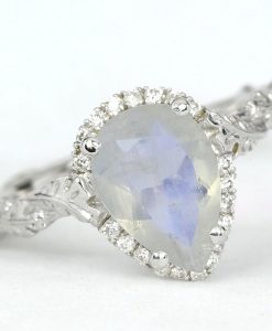 Pear Moonstone Engagement Ring, Rainbow Moonstone Leaves Ring