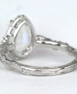 Pear Moonstone Engagement Ring, Rainbow Moonstone Leaves Ring