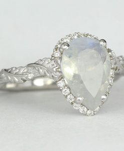 Pear Moonstone Engagement Ring, Rainbow Moonstone Leaves Ring