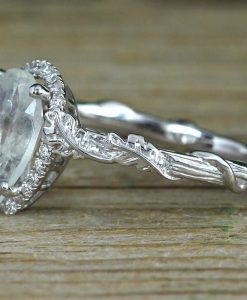 Pear Moonstone Engagement Ring, Rainbow Moonstone Leaves Ring