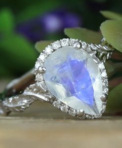Pear Moonstone Engagement Ring, Rainbow Moonstone Leaves Ring