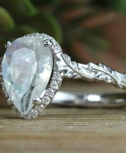 Pear Moonstone Engagement Ring, Rainbow Moonstone Leaves Ring