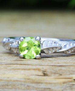 Peridot Leaf Bridal Engagement Ring,  Antique Gemstone Wedding Ring