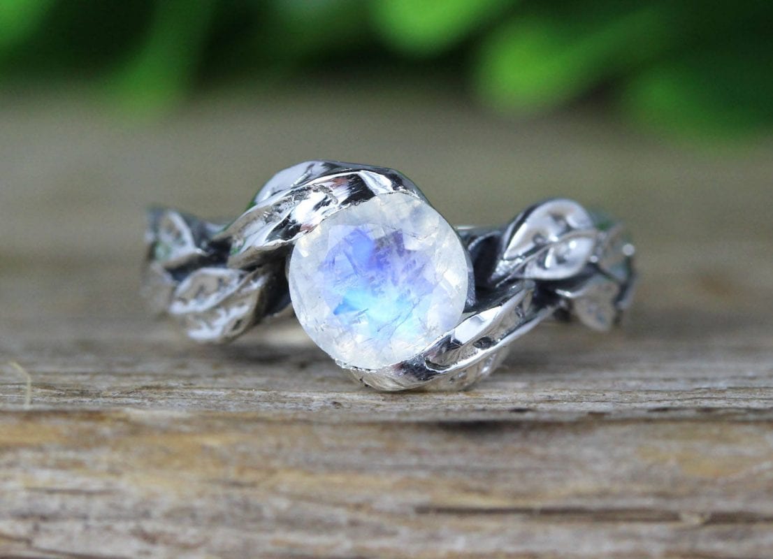 Leaf Ring With Moonstone Gemstone In Silver, Moonstone Leaf Ring | Benati
