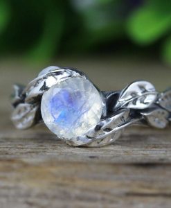 Rainbow Moonstone Leaf Ring, Moon Stone Gemstone Silver Leaves Ring