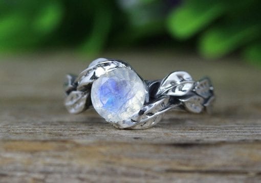 Rainbow Moonstone Leaf Ring, Moon Stone Gemstone Silver Leaves Ring