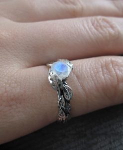 Rainbow Moonstone Leaf Ring, Moon Stone Gemstone Silver Leaves Ring