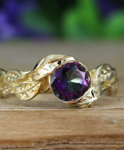 Rainbow Mystic Topaz Gold Ring, Mystic Topaz Leaf 14k Yellow Gold Ring