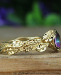 Rainbow Mystic Topaz Gold Ring, Mystic Topaz Leaf 14k Yellow Gold Ring