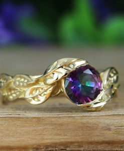 Rainbow Mystic Topaz Gold Ring, Mystic Topaz Leaf 14k Yellow Gold Ring