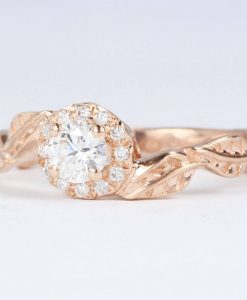 Rose Gold Leaves Diamond Engagement Ring, Floral Leaves Ring