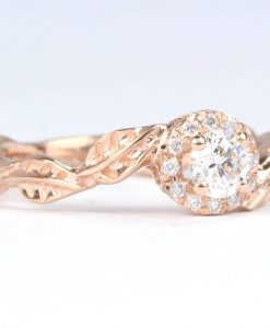 Rose Gold Leaves Diamond Engagement Ring, Floral Leaves Ring