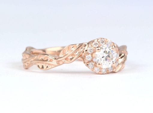 Rose Gold Leaves Diamond Engagement Ring, Floral Leaves Ring