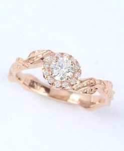 Rose Gold Leaves Diamond Engagement Ring, Floral Leaves Ring