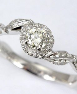 Rose Gold Leaves Diamond Engagement Ring, Floral Leaves Ring