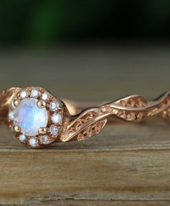 Rose gold moonstone engagement ring, Rainbow moonstone leaf engagement ring