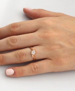 Rose gold moonstone engagement ring, Rainbow moonstone leaf engagement ring