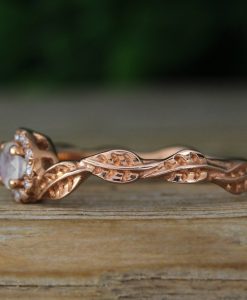 Rose gold moonstone engagement ring, Rainbow moonstone leaf engagement ring