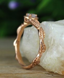 Rose gold moonstone engagement ring, Rainbow moonstone leaf engagement ring