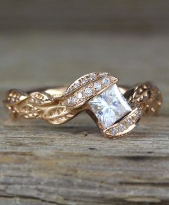 Rose Gold Unique Princess Cut Moissanite Nature Engagement Ring, Leaves Boho
