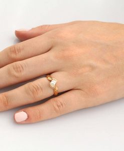 Rose Gold Unique Princess Cut Moissanite Nature Engagement Ring, Leaves Boho