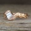 Rose Gold Unique Princess Cut Moissanite Nature Engagement Ring, Leaves Boho