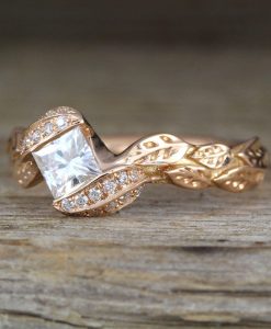 Rose Gold Unique Princess Cut Moissanite Nature Engagement Ring, Leaves Boho