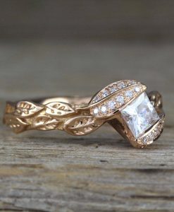 Rose Gold Unique Princess Cut Moissanite Nature Engagement Ring, Leaves Boho