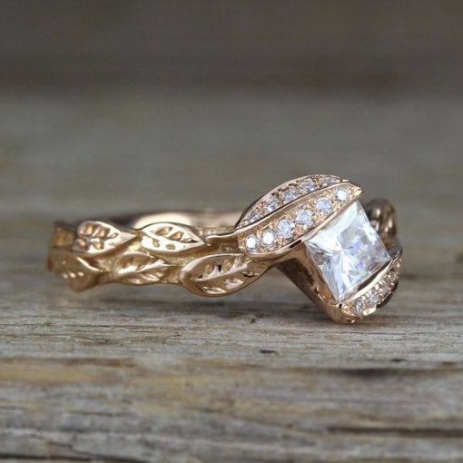 Rose Gold Unique Princess Cut Moissanite Nature Engagement Ring, Leaves Boho