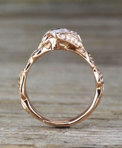 Rose Gold Unique Princess Cut Moissanite Nature Engagement Ring, Leaves Boho