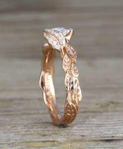 Rose Gold Unique Princess Cut Moissanite Nature Engagement Ring, Leaves Boho