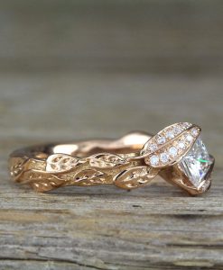 Rose Gold Unique Princess Cut Moissanite Nature Engagement Ring, Leaves Boho