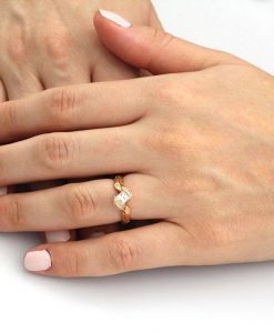 Rose Gold Unique Princess Cut Moissanite Nature Engagement Ring, Leaves Boho