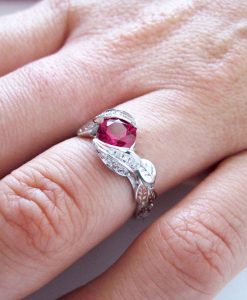 Ruby Leaves Ring, Ruby And Diamond Leaf Engagement Ring - Image 4