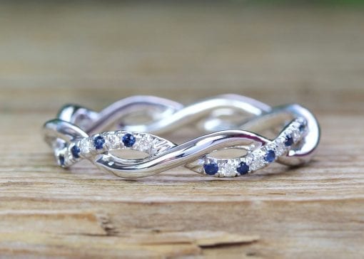 Sapphire and Diamond White Wedding Band, Blue Sapphire Infinity Diamond Wedding Ring