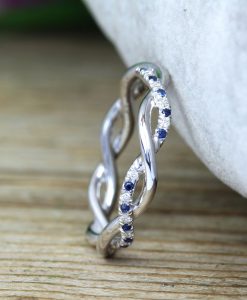 Sapphire and Diamond White Wedding Band, Blue Sapphire Infinity Diamond Wedding Ring