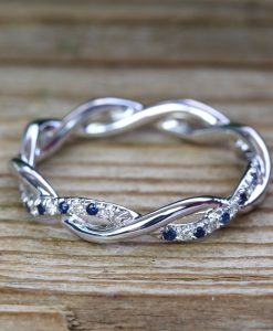 Sapphire and Diamond White Wedding Band, Blue Sapphire Infinity Diamond Wedding Ring