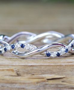 Sapphire and Diamond White Wedding Band, Blue Sapphire Infinity Diamond Wedding Ring