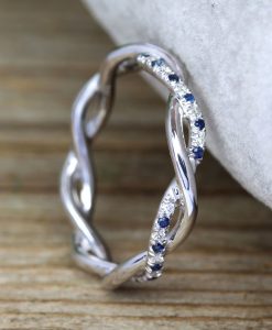 Sapphire and Diamond White Wedding Band, Blue Sapphire Infinity Diamond Wedding Ring