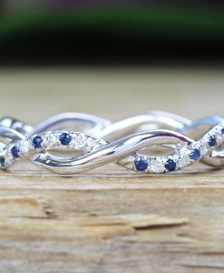 Sapphire and Diamond White Wedding Band, Blue Sapphire Infinity Diamond Wedding Ring