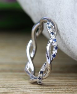 Sapphire and Diamond White Wedding Band, Blue Sapphire Infinity Diamond Wedding Ring