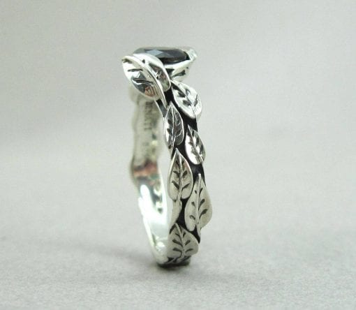 Silver Leaf Ring With Black Gemstone, Black Leaf Ring
