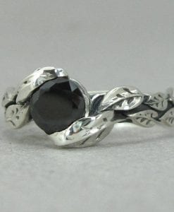 Silver Leaf Ring With Black Gemstone, Black Leaf Ring