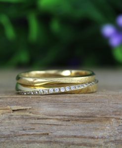 Solid Gold Mobius Diamond Wedding Ring Set, Stackable Diamond Wedding Band